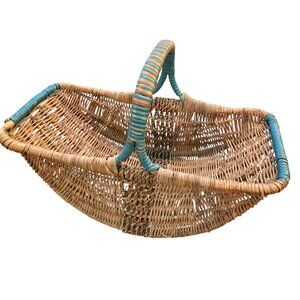 Vintage French Woven Rattan Gathering Basket With Green Accent CM2125